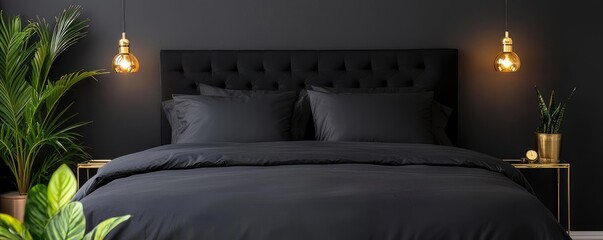 Elegant urban bedroom with dark walls, a high-end bed, gold accents, and moody lighting, sophisticated atmosphere, selective focus on foreground, copy space for text,