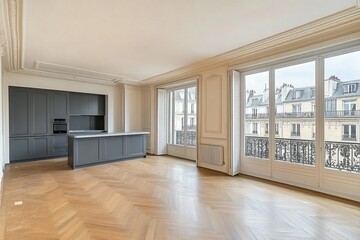 Fototapeta premium Spacious empty apartment with herringbone floors, large windows, and city view.
