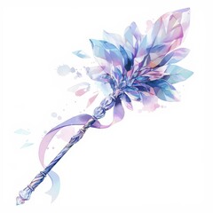 Obraz premium Enchanting Crystal Scepter with Watercolor Design Fantasy Game Item Magical Staff Purple Ribbon