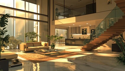 Sunlit modern duplex apartment interior with stairs, plants, and city view.
