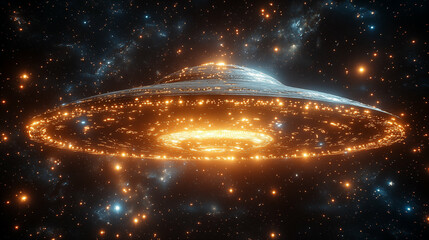 Obraz premium Futuristic spacecraft glowing against starry galaxy background creating mysterious cosmic atmosphere in deep space