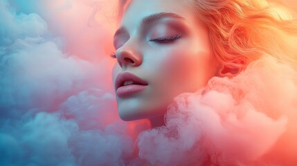 Fototapeta premium Ethereal Beauty Portrait: Young Woman with Glitter Makeup in Colorful Smoke