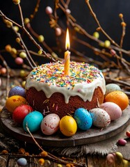 A festive Easter cake decorated with pastel frosting and topped with a white egg, surrounded by vibrant spring flowers