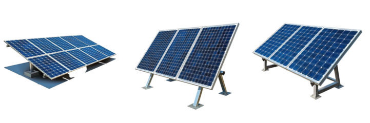 Three solar panels arranged at different angles, showcasing their design and technology for renewable energy solutions.