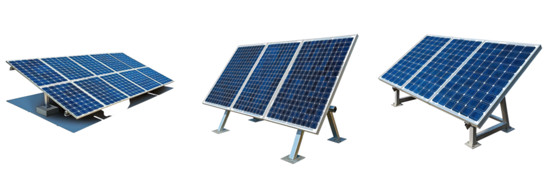 Three solar panels arranged at different angles, showcasing their design and technology for renewable energy solutions.
