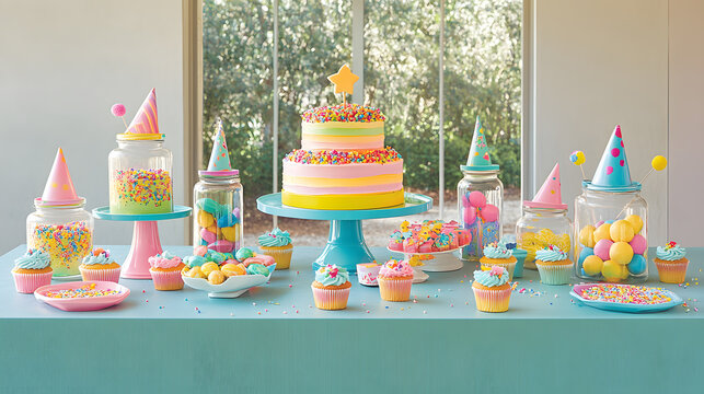 A vibrant birthday party spread with a pastel-colored layered cake, cupcakes, sprinkles, and candy in glass jars, all adorned with party hats. - Powered by Adobe