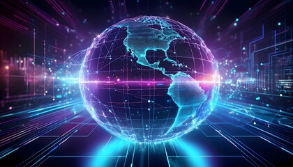 Obraz premium Futuristic Digital Globe with Glowing Neon Connections and Sci-Fi Data Visualization