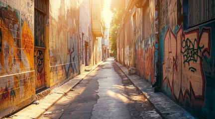 Obraz premium Sunlit Urban Alleyway Adorned with Colorful Graffiti Art