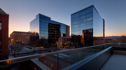 Obraz premium Cityscape sunrise view, modern glass buildings, urban landscape, rooftop balcony