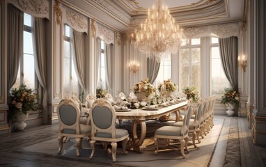 Elegant Dining Room with Crystal Chandelier and Golden Accents