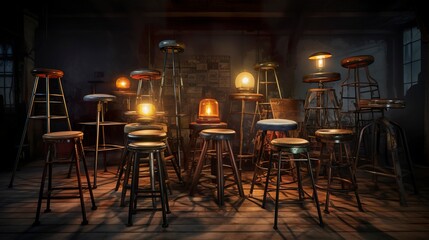 A photo of a stack of industrial-style bar stools.