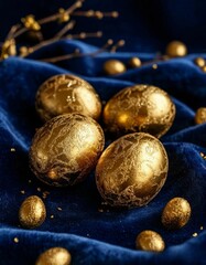 Decorated with a golden egg spring theme on a blue background