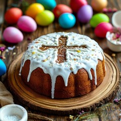 A festive Easter cake decorated with pastel frosting and topped with a white egg, surrounded by vibrant spring flowers