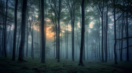 Fototapeta premium Misty Forest Sunlight Filtering Through Tall Trees at Dawn