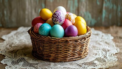 Colorful spring-themed eggs in a basket