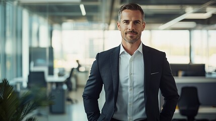 Business professional standing in modern office corporate environment portrait photography bright space confident stance highlighting leadership and success