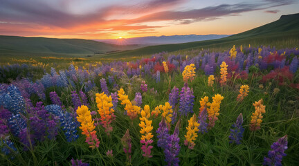 Fototapeta premium Vibrant Wildflower Meadow at Sunset with Colorful Blooms