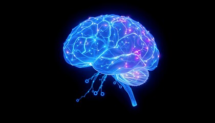 Abstract Glowing Blue Brain Neural Network Connections Visualization