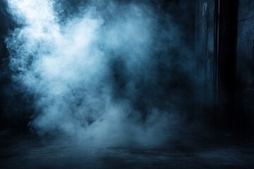 Dark room filled with blue smoke, creating a mysterious and moody atmosphere.