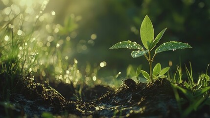 Young plant with dewdrops glistening in morning sunlight, surrounded by rich soil and vibrant greenery, symbolizing growth and renewal. Perfect for nature and ecology themes.