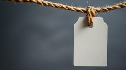 Blank Tag on Rope. A simple, clean image featuring a blank white tag hanging from a thick, rustic rope against a muted grey background, perfect for adding your own text or branding. 