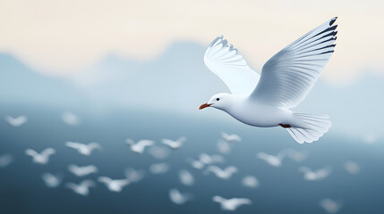 Fototapeta premium Graceful seagull in flight over tranquil waters nature photography serene environment aerial view freedom concept