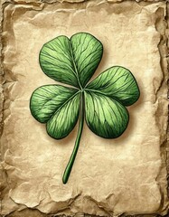 Bright four-leaf clover of aged paper background