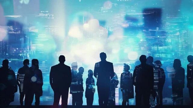 Silhouettes of group of businessperson. Global business network concept, Business partnership, Silhouettes with blue light, glowing big data on blurry city background	