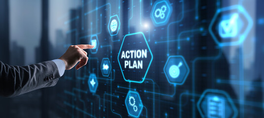 Businessman clicks action plan. Algorithm and strategy development business
