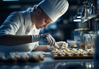 Young female pastry chef meticulously decorates small pastries in a professional kitchen.