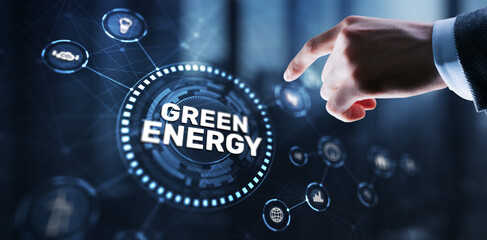 Fototapeta premium Businessman clicks Green eco energy icons. Reducing environmental risks