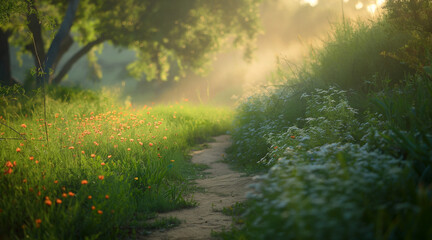 Obraz premium Serene Countryside Stroll Sunlit Path Through Lush Greenery
