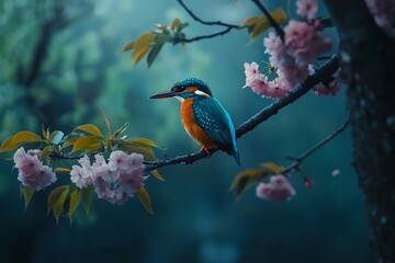 Naklejka premium Vibrant kingfisher perched on a blossoming cherry branch in a misty forest.