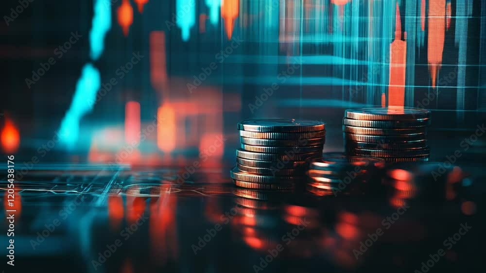 Poster stacks of coins are lying on a reflective surface with financial charts in the background, suggestin