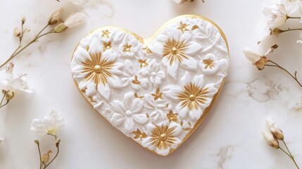 Fototapeta premium Decorative Heart-Shaped Cookie with Floral Design and Gold Accents