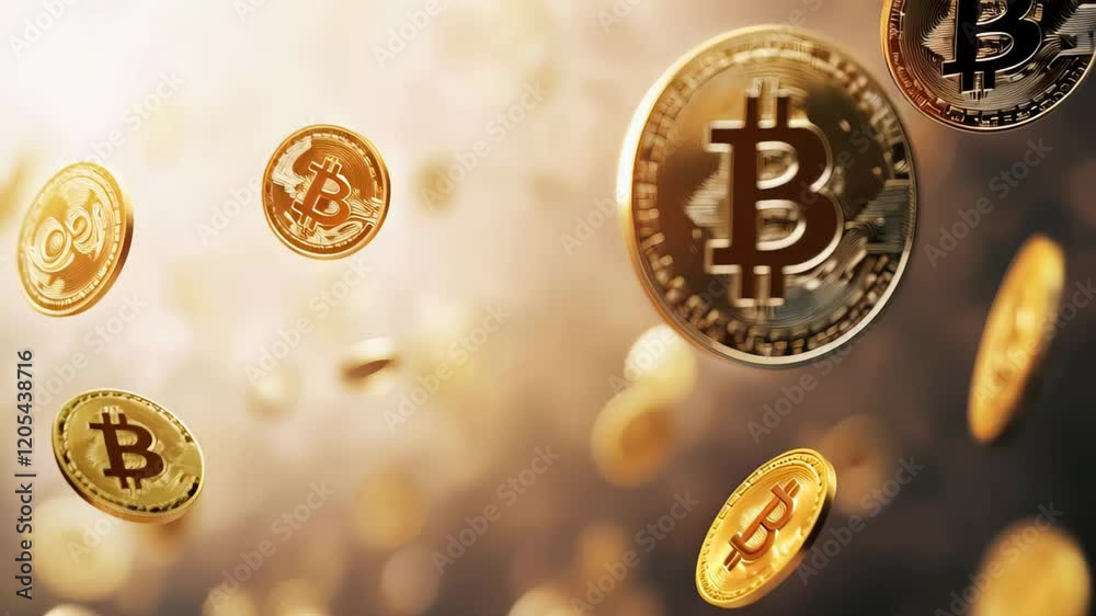 Poster golden bitcoin coins rotating in the air on a blurred background representing cryptocurrency investm