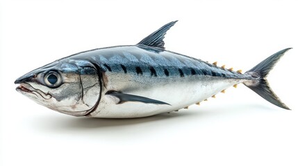 Fototapeta premium Indian Mackerel Close-up. A detailed studio shot of a fresh Indian mackerel, showcasing its silvery scales, dark stripes, and sleek body. Perfect for culinary, seafood, or marine biology contexts. 