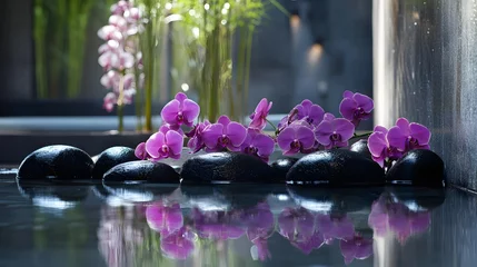 Keuken achterwand Spa Purple orchids and smooth dark stones rest on calm water  © Berkah