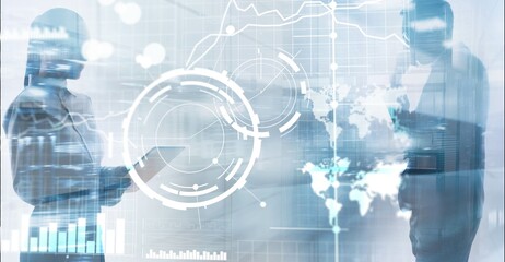 Business intelligence control interface marketing finance management. Silhouettes in the background