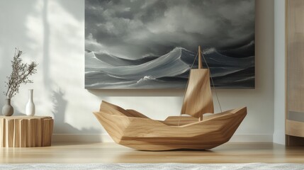 Minimalist wooden ship in storm scene, a sleek wooden pirate ship with a stylized stormy ocean backdrop, ideal for modern decor