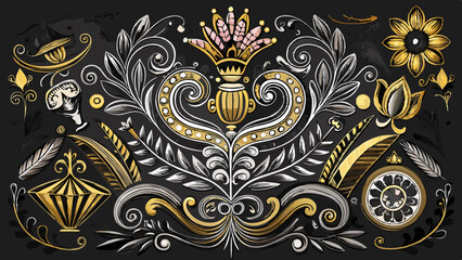 decorative drawing design elements on a black chalkboard