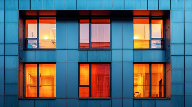 Illuminated windows of a modern building at night, glowing with warm orange light against a dark blue facade. The image presents a captivating contrast of light and shadow, creating a striking visual