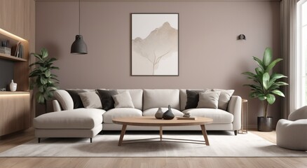 A cozy living room with a pastel cappuccino sofa and soft decor, creating a warm, inviting atmosphere.

