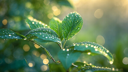water drops on green leaves