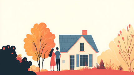 Couple on a romantic countryside getaway, staying at a cozy farmstay, illustrated in minimal flat shapes on a white background 