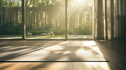 Fototapeta premium Sunlit Yoga Mat in Tranquil Home Gym with Wooden Floors and Garden View