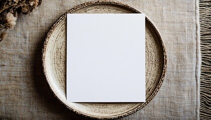 Elegant blank menu mockup showcased on a round plate with a rustic background, perfect for highlighting culinary offerings and enhancing restaurant aesthetics.