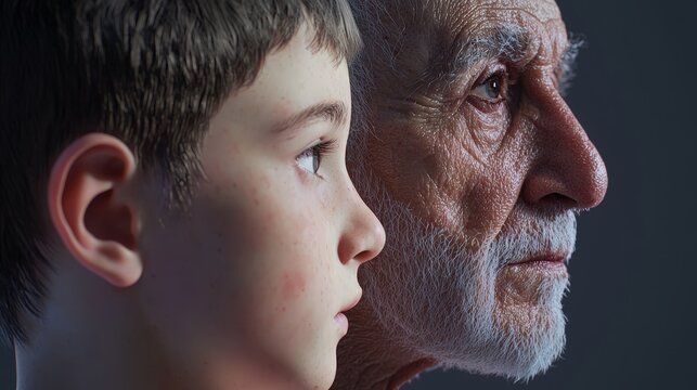Profile of an elderly man and a young boy side by side, their contrasting expressions highlighted by light and shadow, symbolizing wisdom, youth, and generational connection. Perfect for family and he
