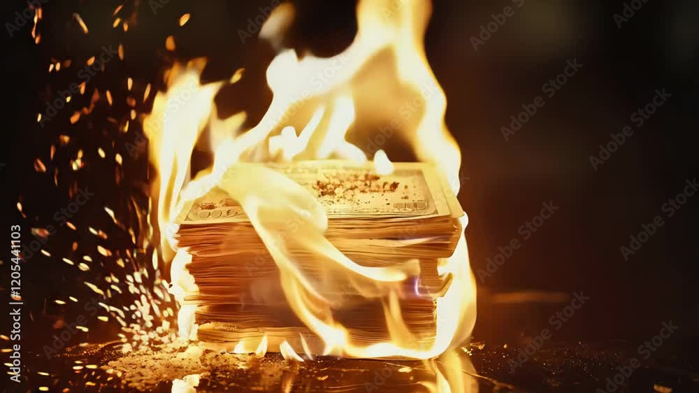 Aufkleber stack of dollar bills is burning in flames against a dark background, creating a dramatic visual rep