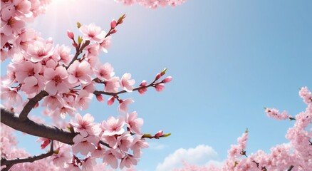 A peaceful spring scene with sakura blossoms in full bloom, filling the background with soft pinks and whites for a refreshing vibe.